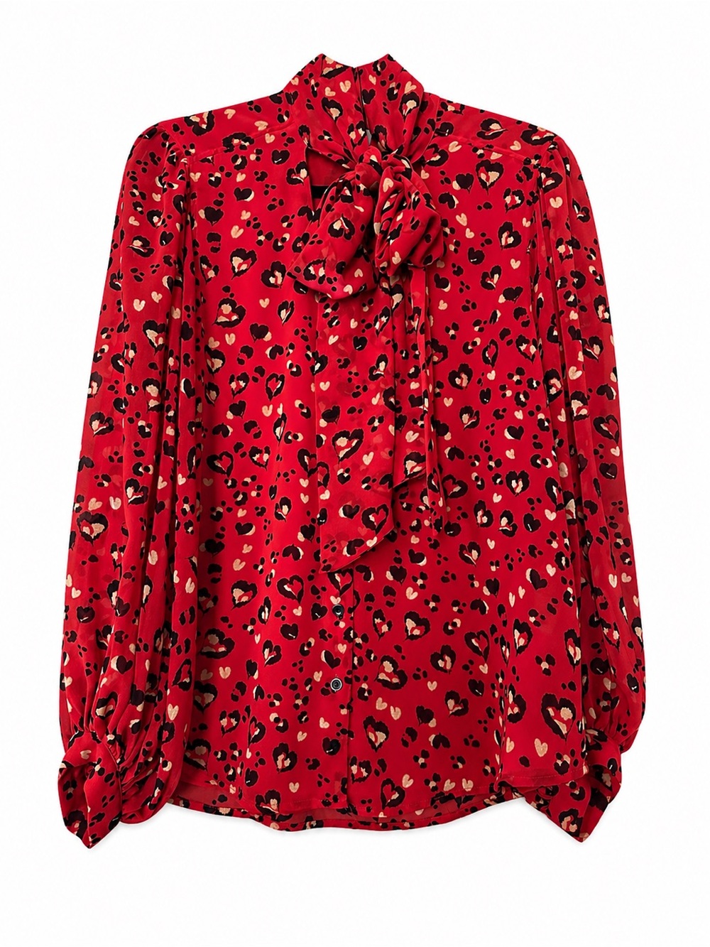 Chico’s Red Leopard Heart Print Tie Neck Blouse Size 2 (M/L)